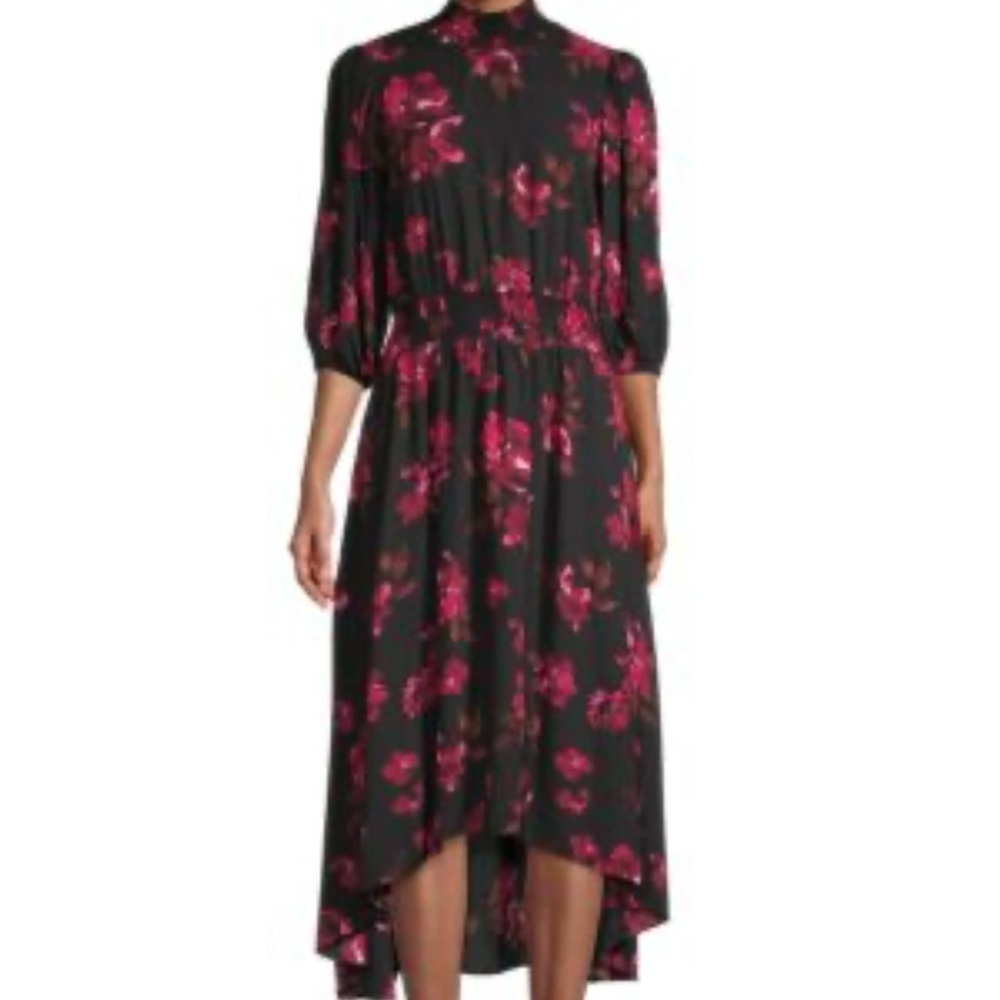 Nanette Lepore floral smocked high neck midi dress black pink 14 like new